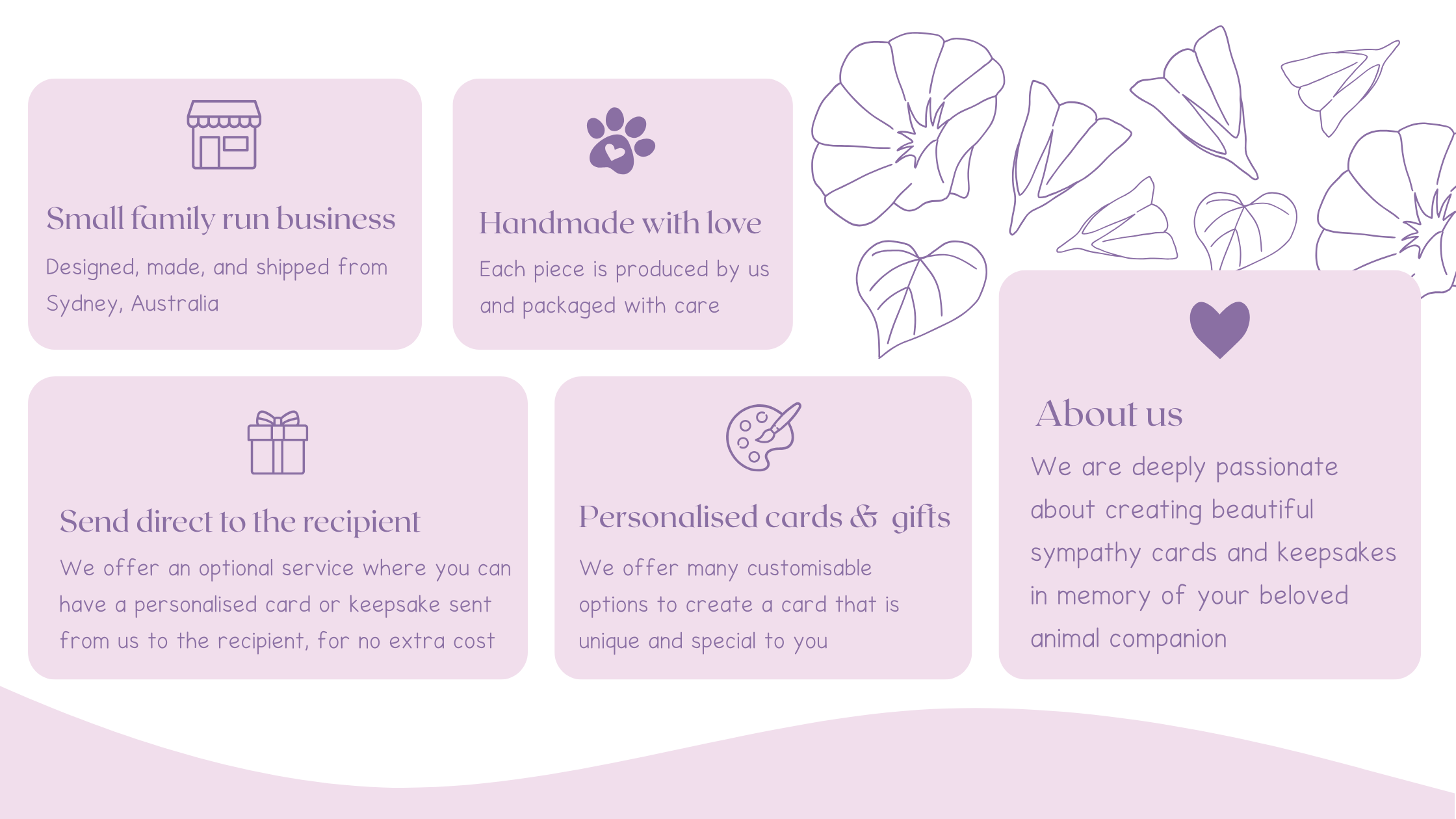 We are a small family-run business selling handmade pet sympathy cards and keepsakes, which can be personalised and sent directly to the recipient if preferred.