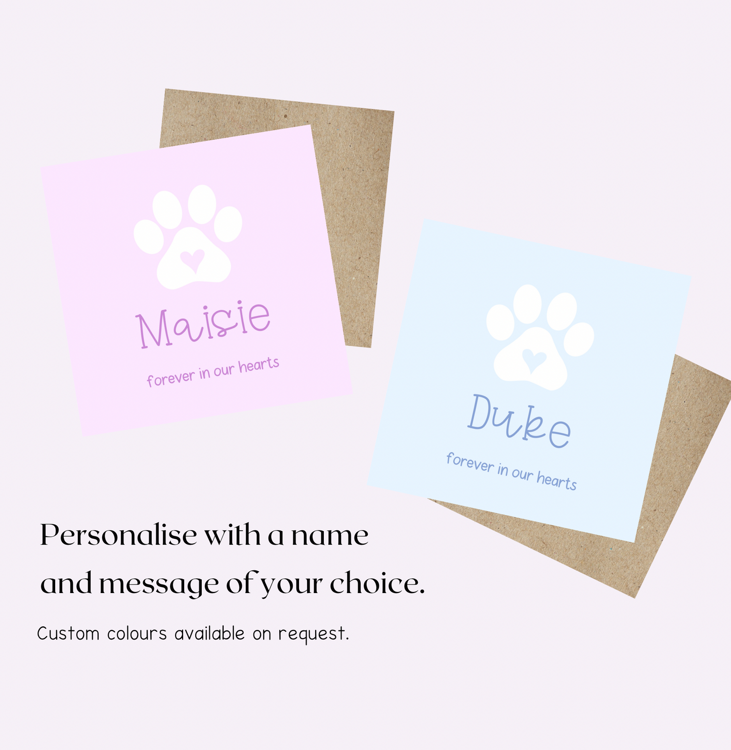 Two greeting cards with paw prints, personalised names and a message.