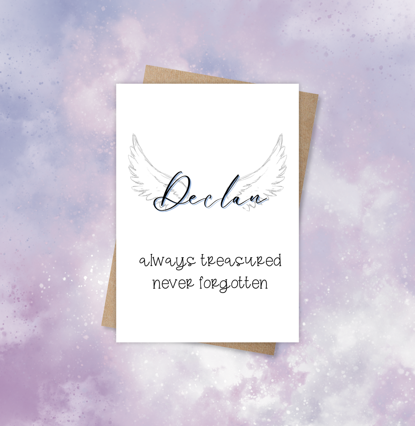 This pet sympathy card features the pet’s name centred between two wings and a personalised message of choice below.
