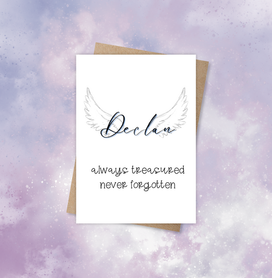 This pet sympathy card features the pet’s name centred between two wings and a personalised message of choice below.