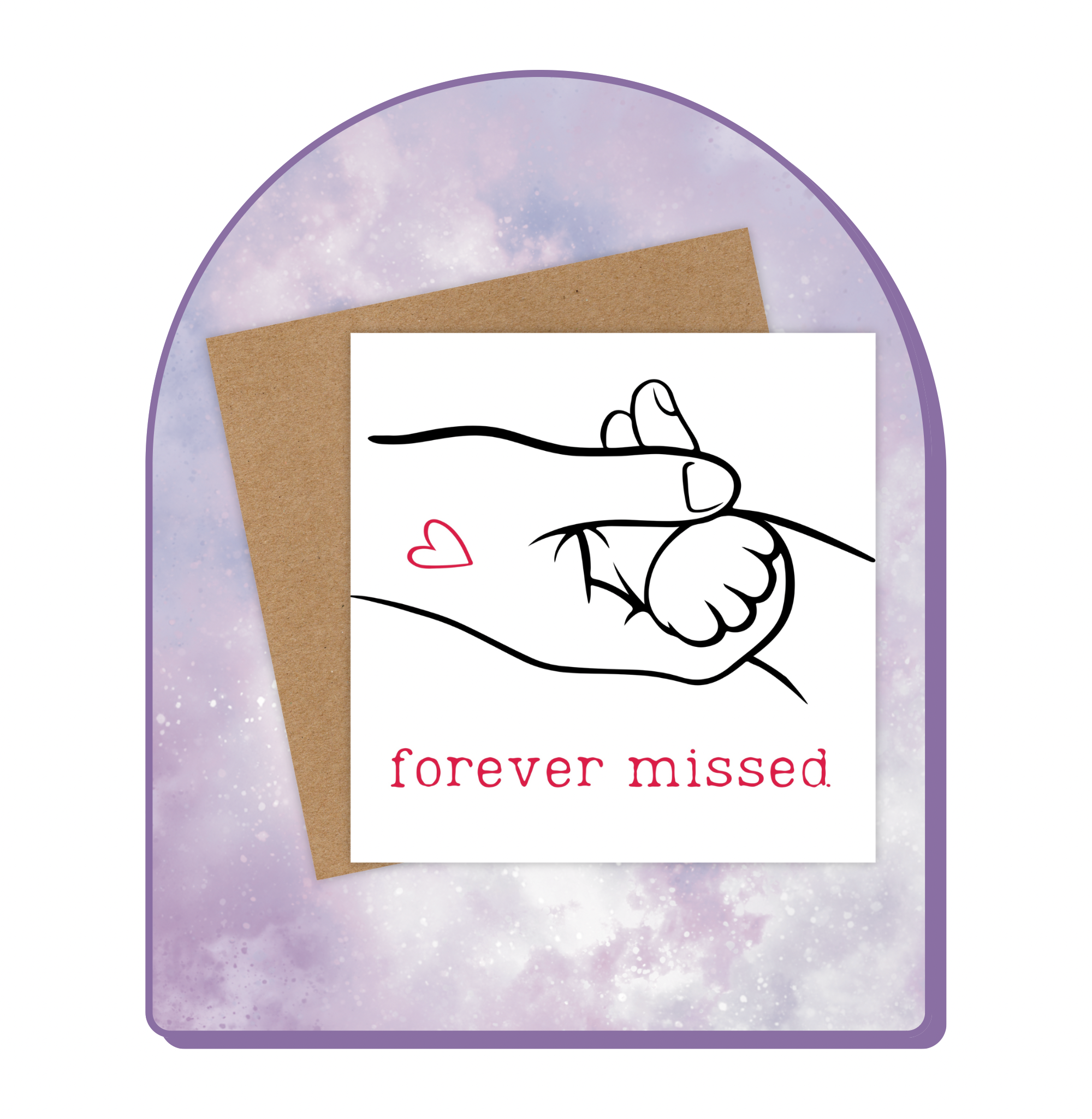 Sympathy card for a pet cat, featuring a human hand grasping a cat paw. Below, the red text reads, “Forever missed.”