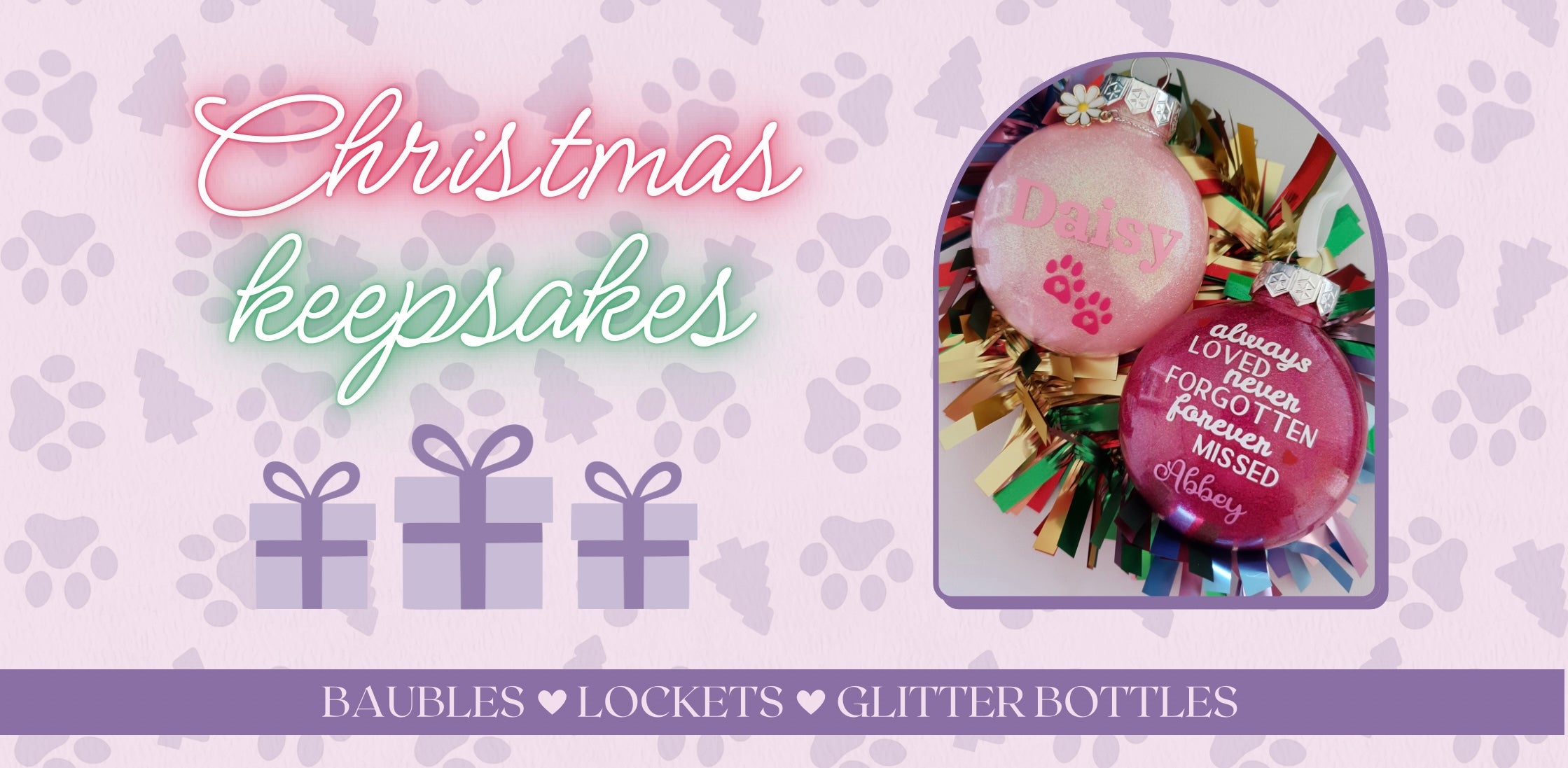 Decorative Christmas keepsakes with baubles, lockets, and glitter bottles on a festive background.