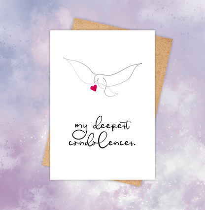 A pet bird sympathy card with the outline of a bird and a coloured heart under its spread wings. The text below reads, “My deepest condolences.”