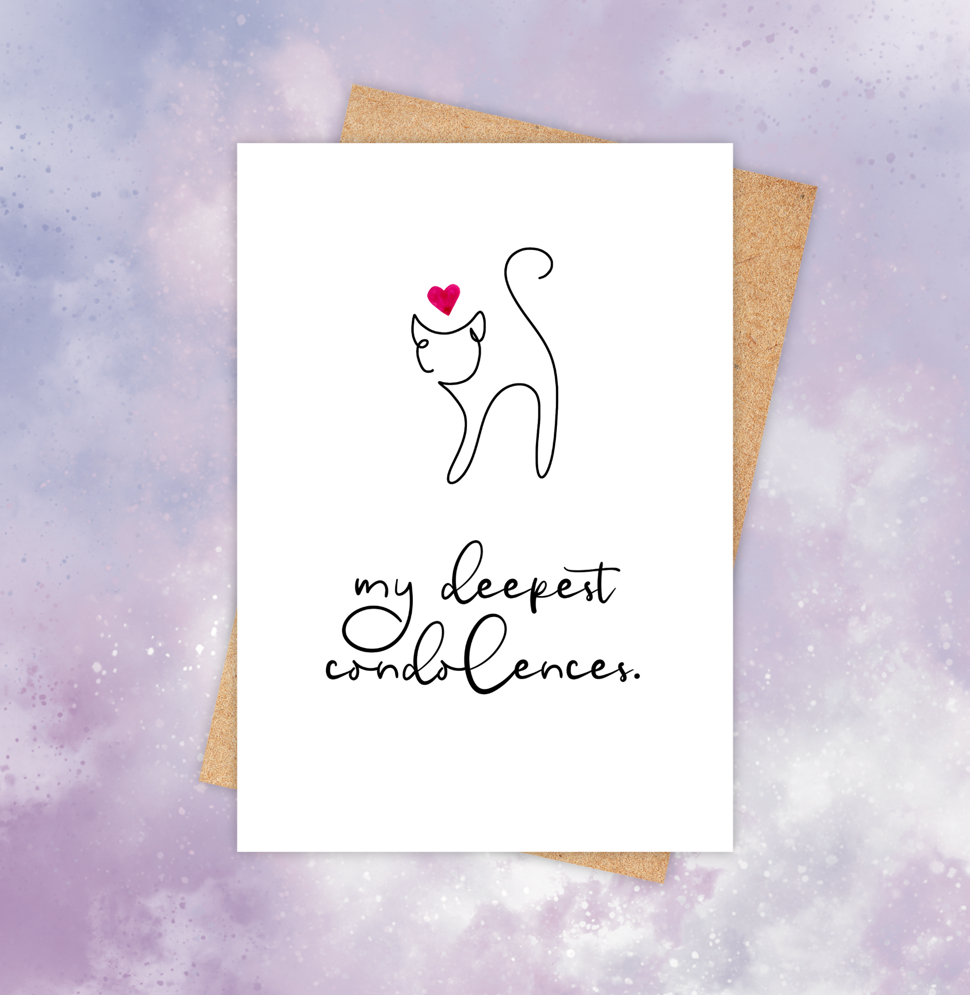 A pet cat sympathy card with the outline of a cat and a coloured heart above its head. The text below reads, “My deepest condolences.”