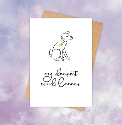 A pet dog sympathy card with the outline of a dog and a coloured heart on its chest. The text below reads, “My deepest condolences.”