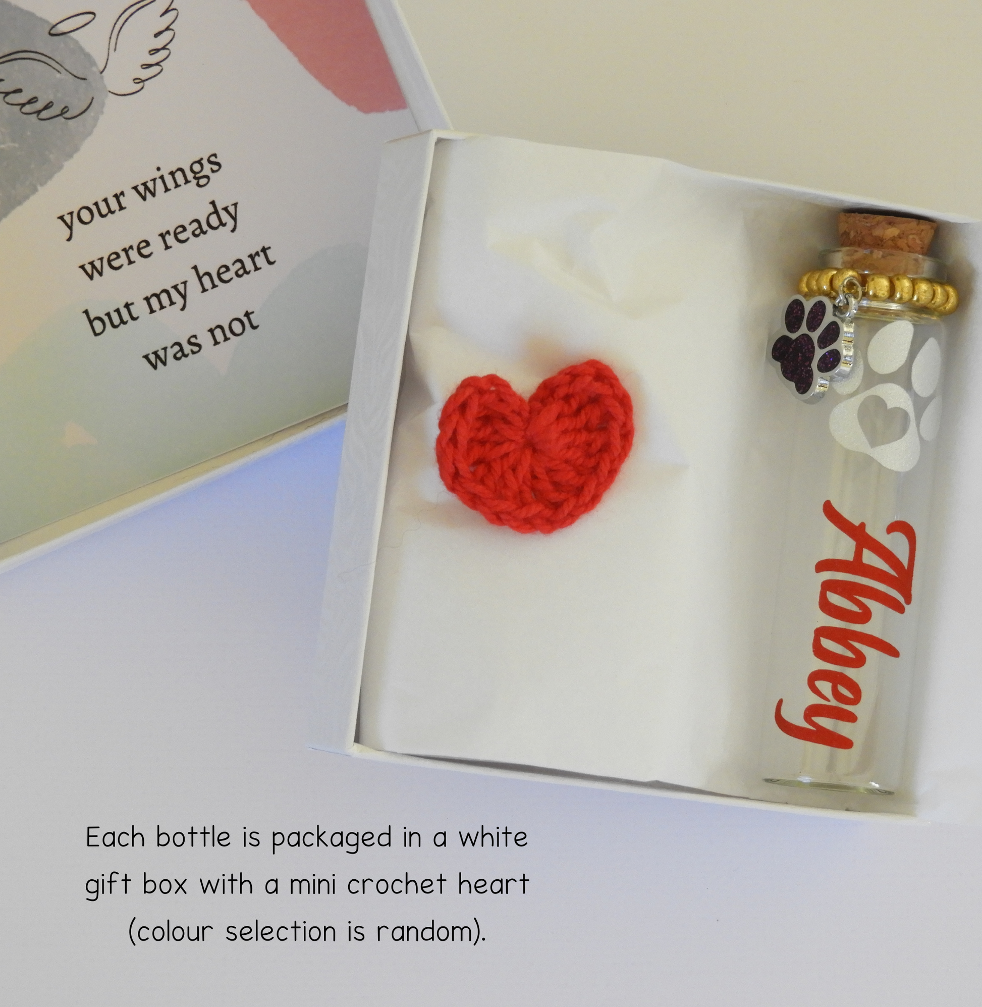 Each bottle is carefully packaged in a white box and includes a small crochet heart (colour selected at random). 