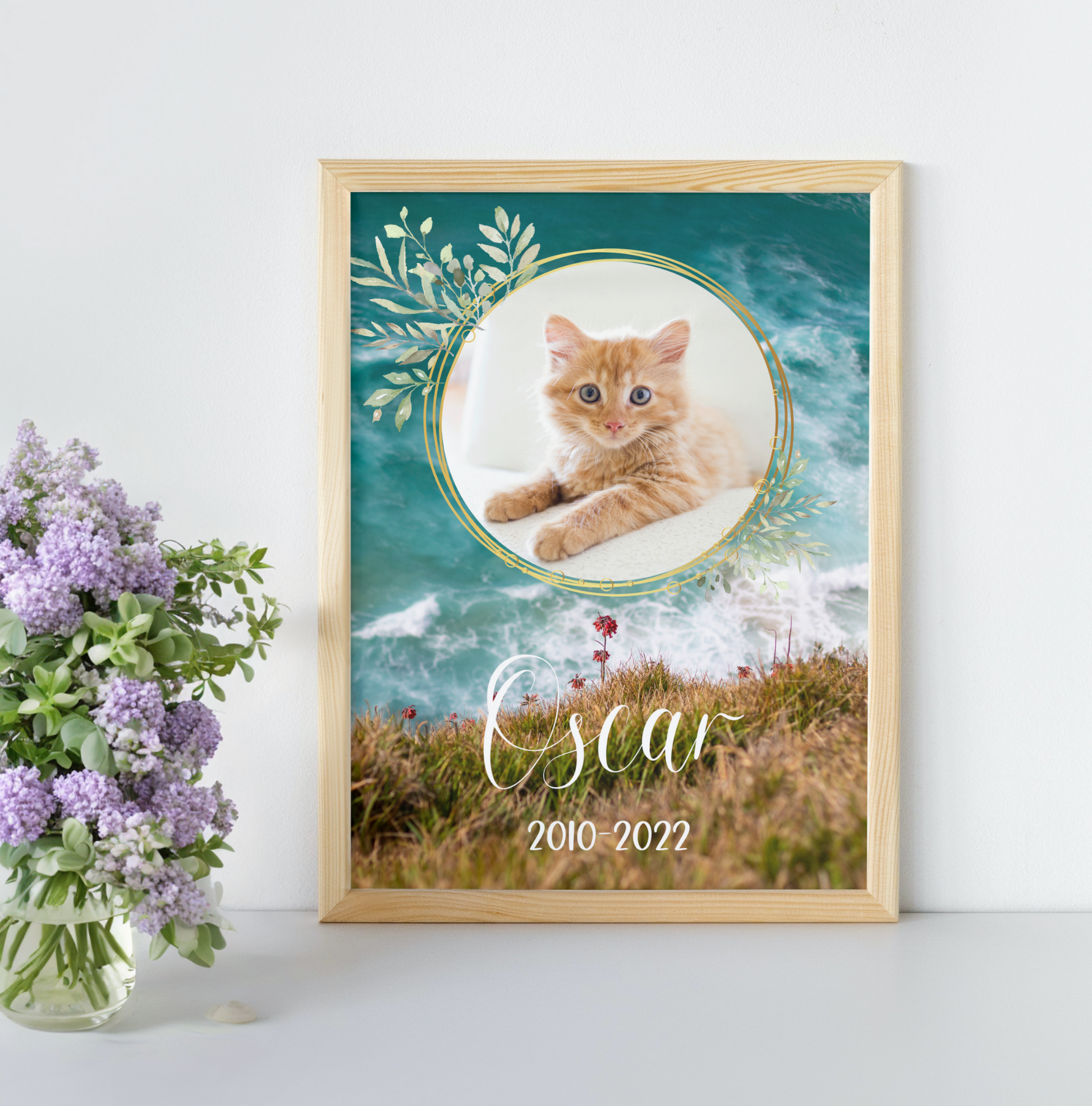 The poster has an ocean theme with space for a photo of your pet, their name, and a short custom message. There are two design options to choose from: a floral or botanical digital frame or border that overlays the circular photo. Other overlay designs can be provided upon request.