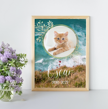 The poster has an ocean theme with space for a photo of your pet, their name, and a short custom message. There are two design options to choose from: a floral or botanical digital frame or border that overlays the circular photo. Other overlay designs can be provided upon request.