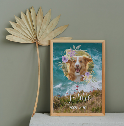 The poster has an ocean theme with space for a photo of your pet, their name, and a short custom message. There are two design options to choose from: a floral or botanical digital frame or border that overlays the circular photo. Other overlay designs can be provided upon request.