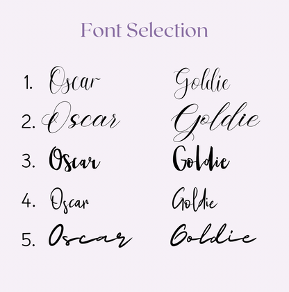 There are five fonts to choose from, and you can select up to two different ones. Font option 1 is retro-style; options 2 and 3 are a modern handwritten style; option 4 is an elegant cursive style; and option 5 is calligraphy.