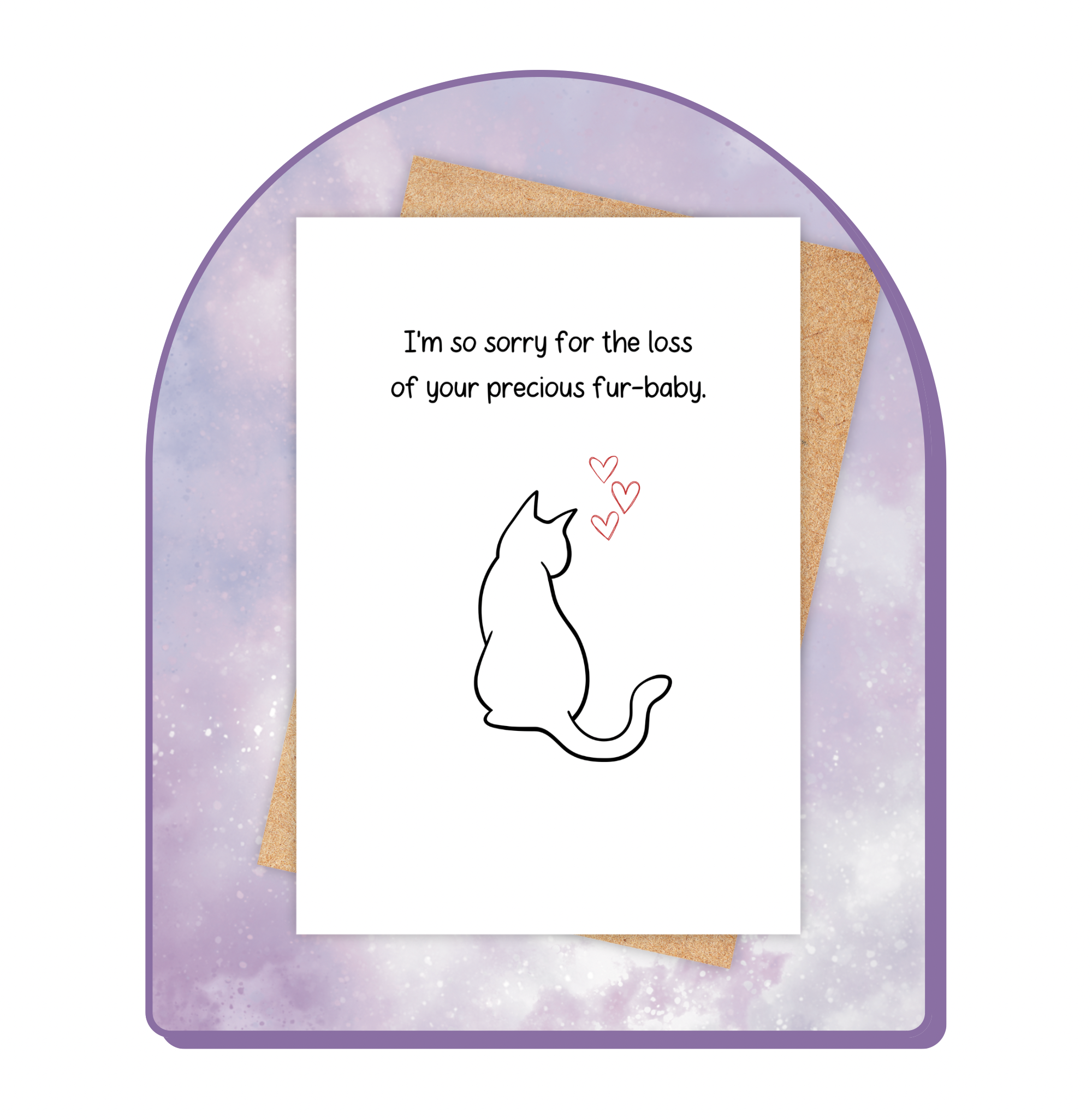 Pet loss sympathy card featuring a cat outline and 3 small red hearts above the head, with the words “I’m so sorry for the loss of your precious fur-baby.”
