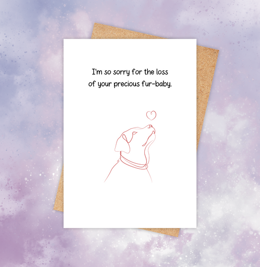 Pet loss sympathy card featuring a red outline of a dog with the words “I’m so sorry for the loss of your precious furbaby.”