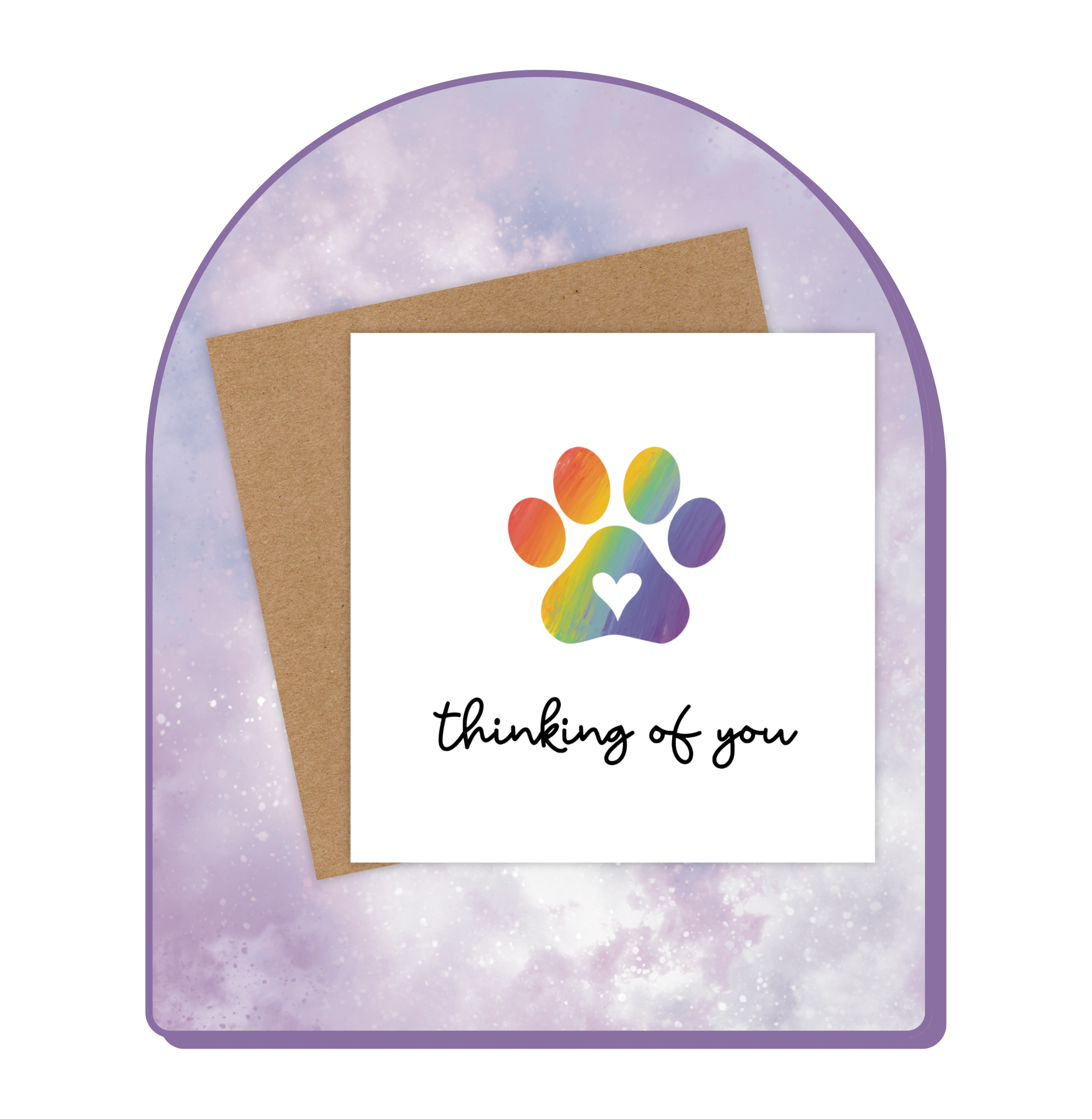 This pet sympathy card features a rainbow-coloured paw print in the centre and the text below reads, “Thinking of you.”