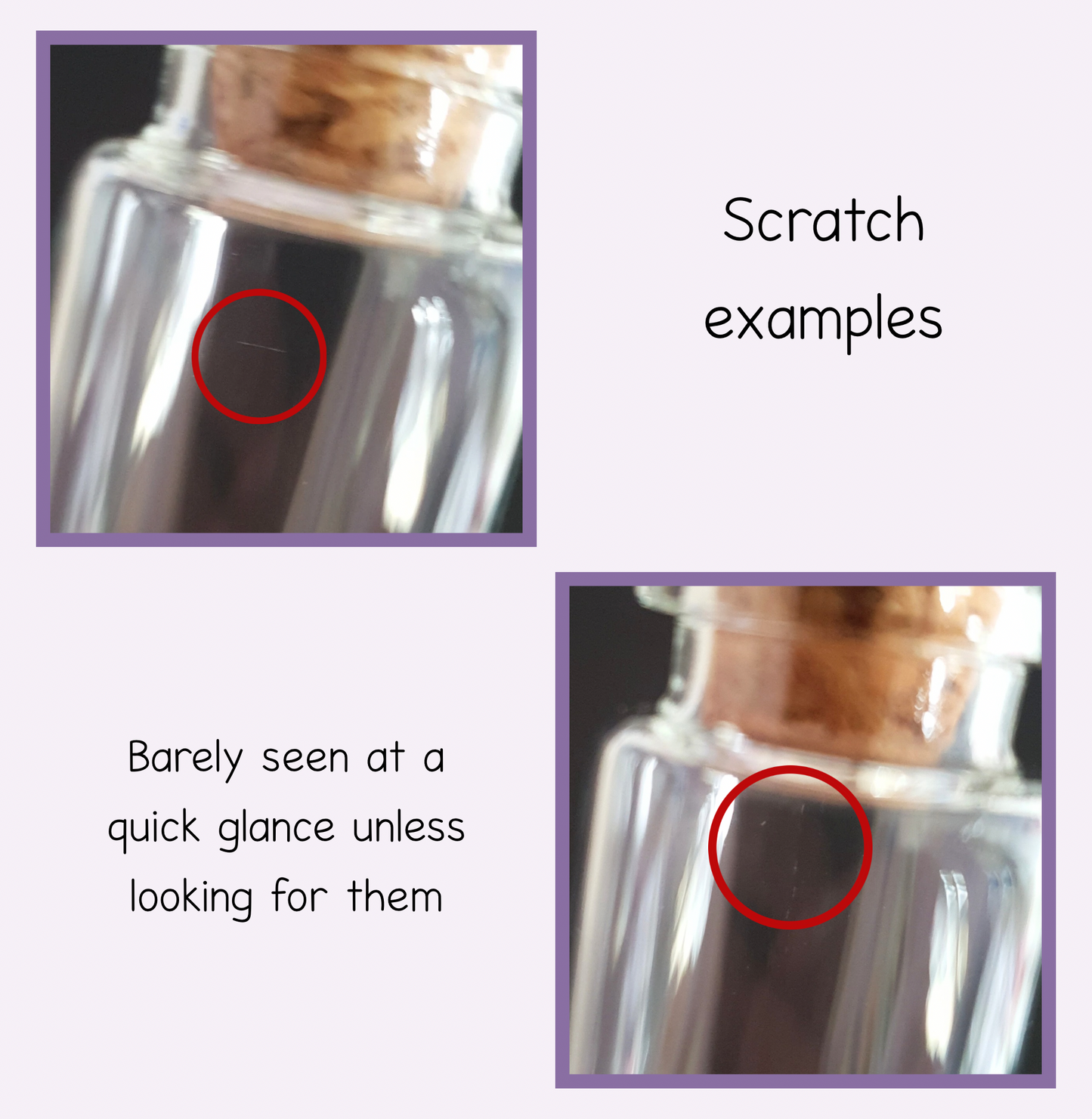 Two views of a glass bottle with cork stopper, showing a scratch that is barely visible.