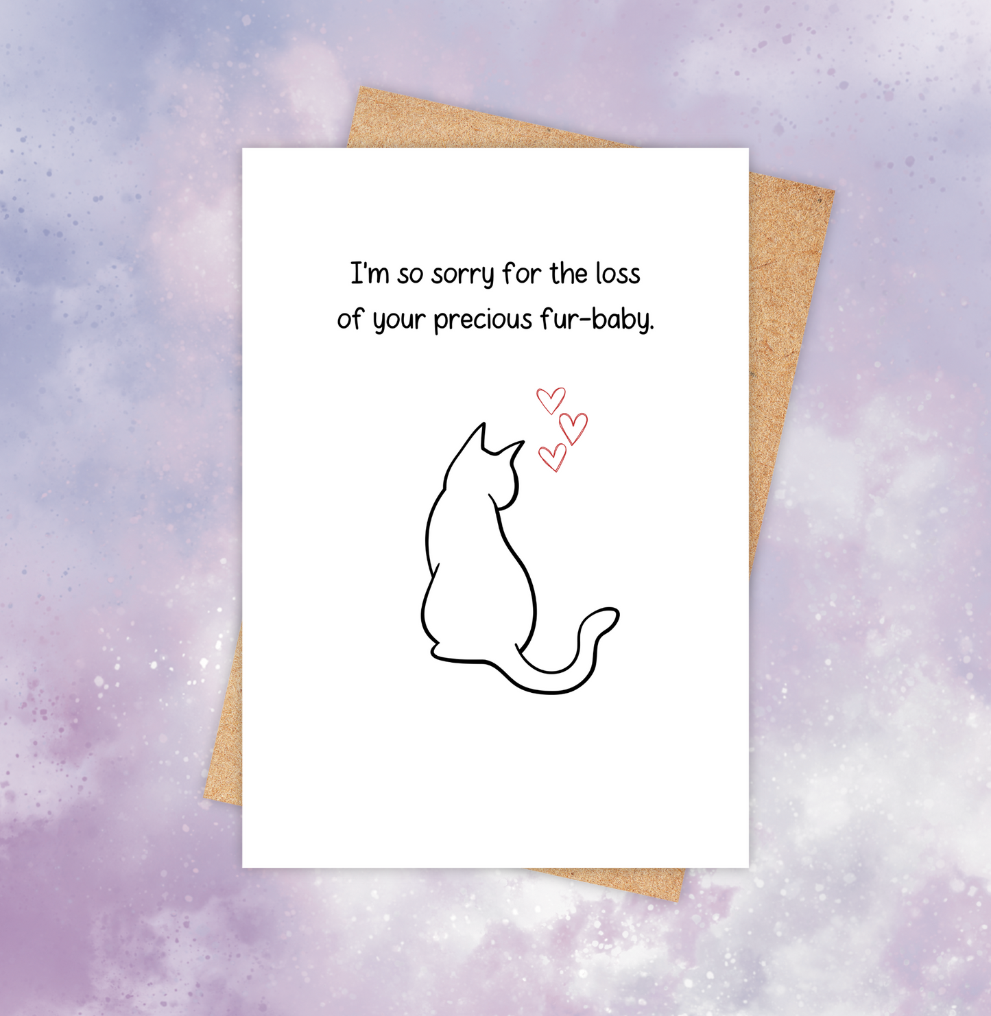 Pet loss sympathy card featuring a cat outline and 3 small red hearts above the head, with the words “I’m so sorry for the loss of your precious fur-baby.”