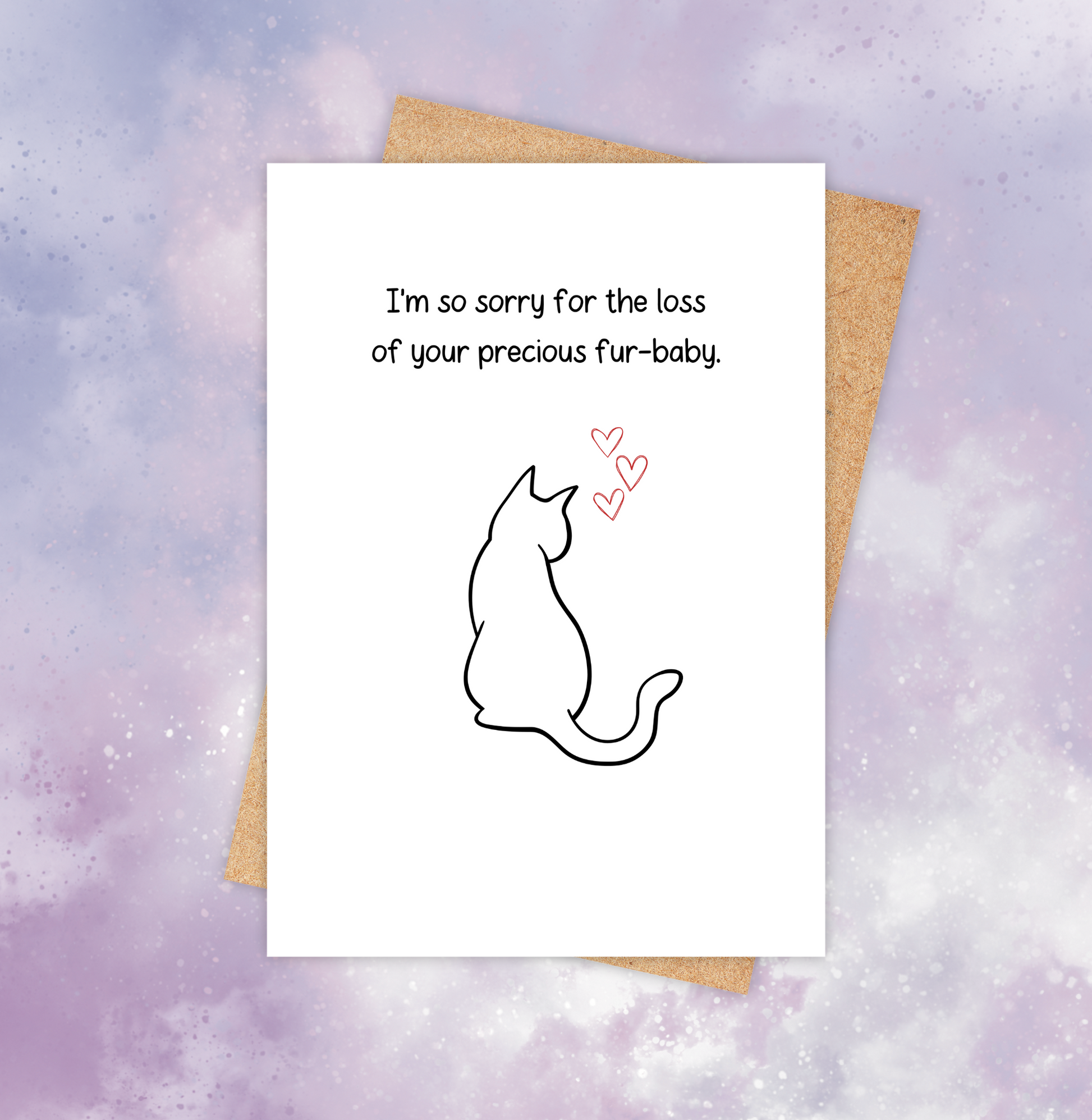 Pet loss sympathy card featuring a cat outline and 3 small red hearts above the head, with the words “I’m so sorry for the loss of your precious fur-baby.”