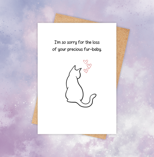 Pet loss sympathy card featuring a cat outline and 3 small red hearts above the head, with the words “I’m so sorry for the loss of your precious fur-baby.”